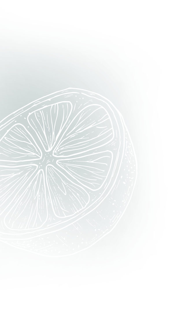 Stylized white drawing of a citrus fruit slice on a dark teal background with torn edges.